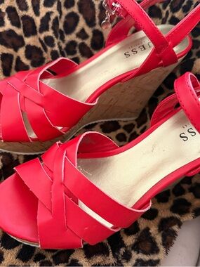 Guess Coral-Red Wedge Sandals with Cork Platform